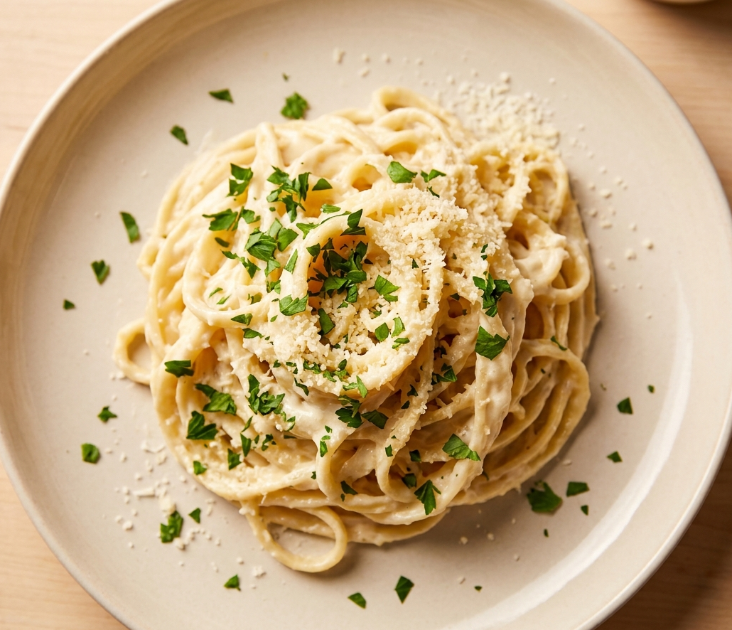 Creamy garlic pasta with parmesan and fresh parsley — 520 calorie vegetarian dinner