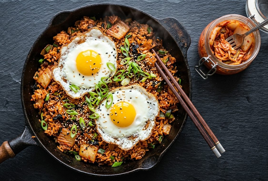Easy one pan kimchi fried rice with fried egg