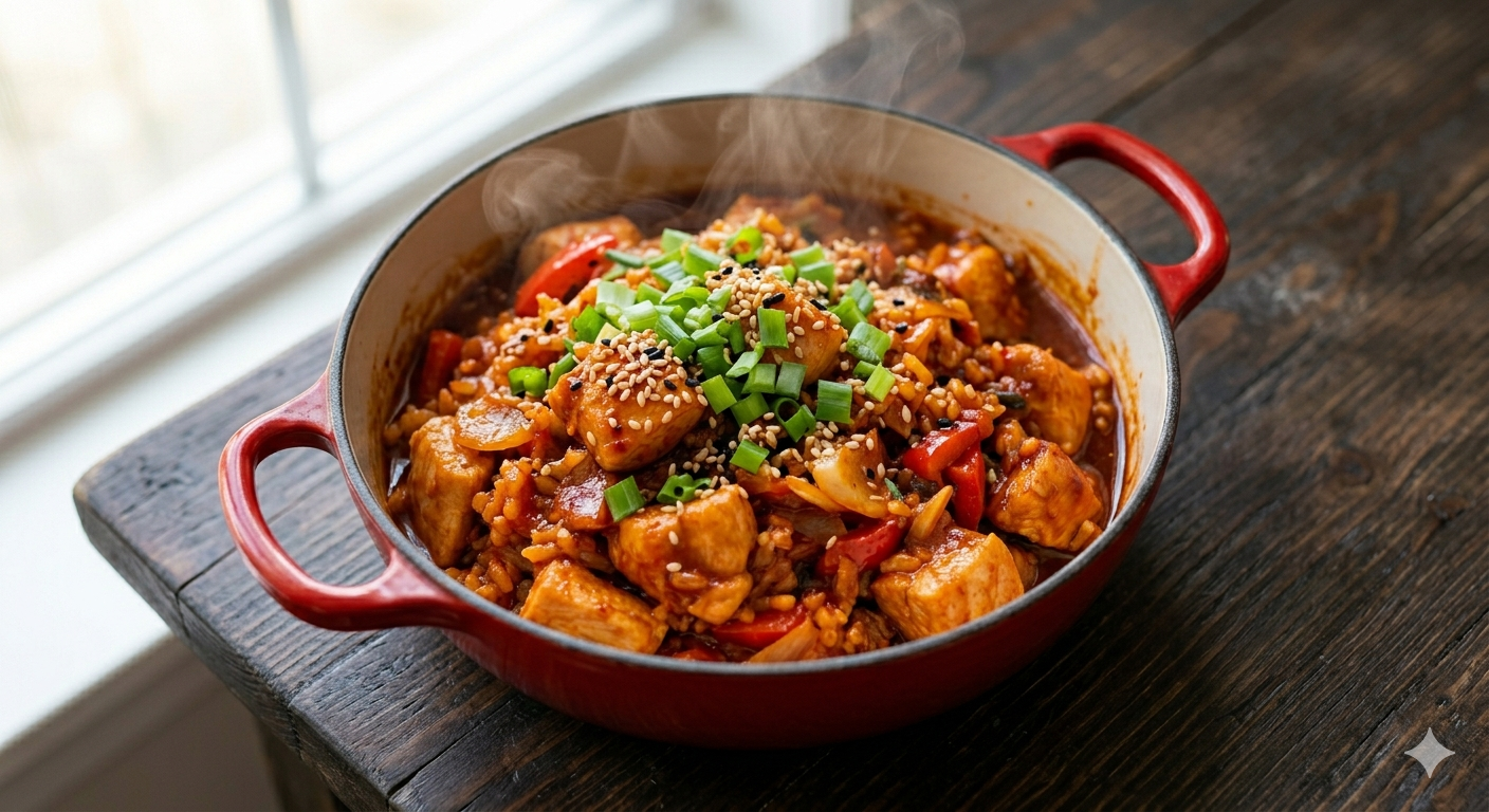 One pot gochujang chicken and rice in a Dutch oven