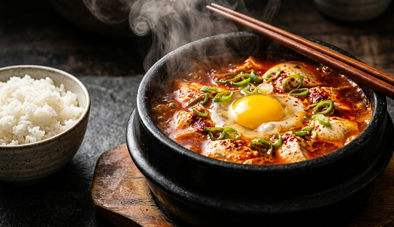 Korean spicy tofu stew sundubu-jjigae in a stone pot