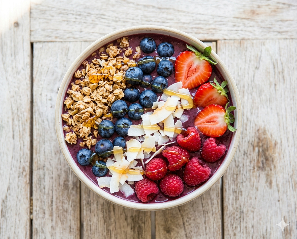 Berry smoothie bowl with fresh berries, granola and chia seeds — 280 calorie vegetarian breakfast