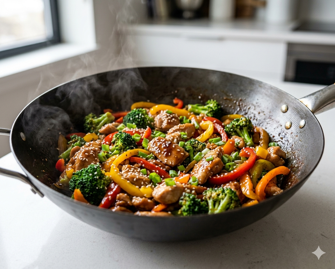 Teriyaki chicken stir-fry with vegetables and rice — 430 calorie high protein meal prep