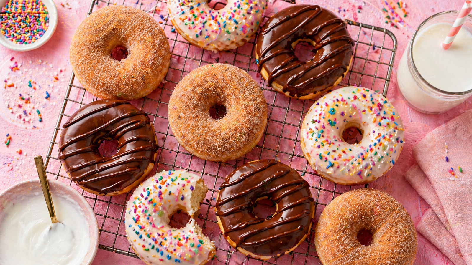 Soft fluffy baked donuts with cinnamon sugar and vanilla glaze on a cooling rack — 220 calories