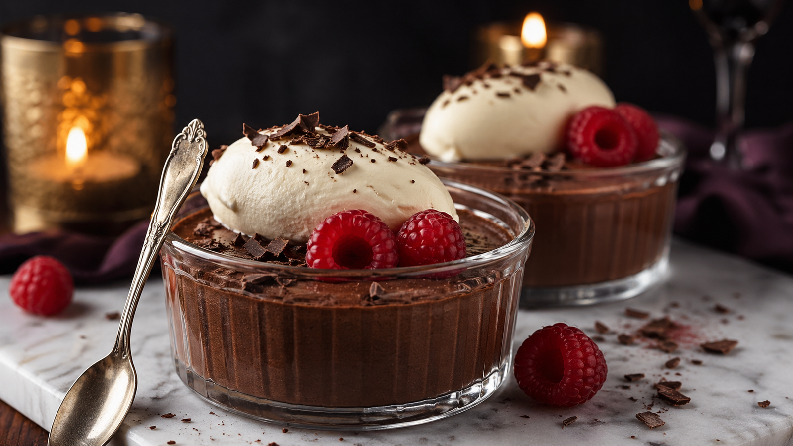 Rich dark chocolate mousse in glass ramekins topped with whipped cream and fresh raspberries