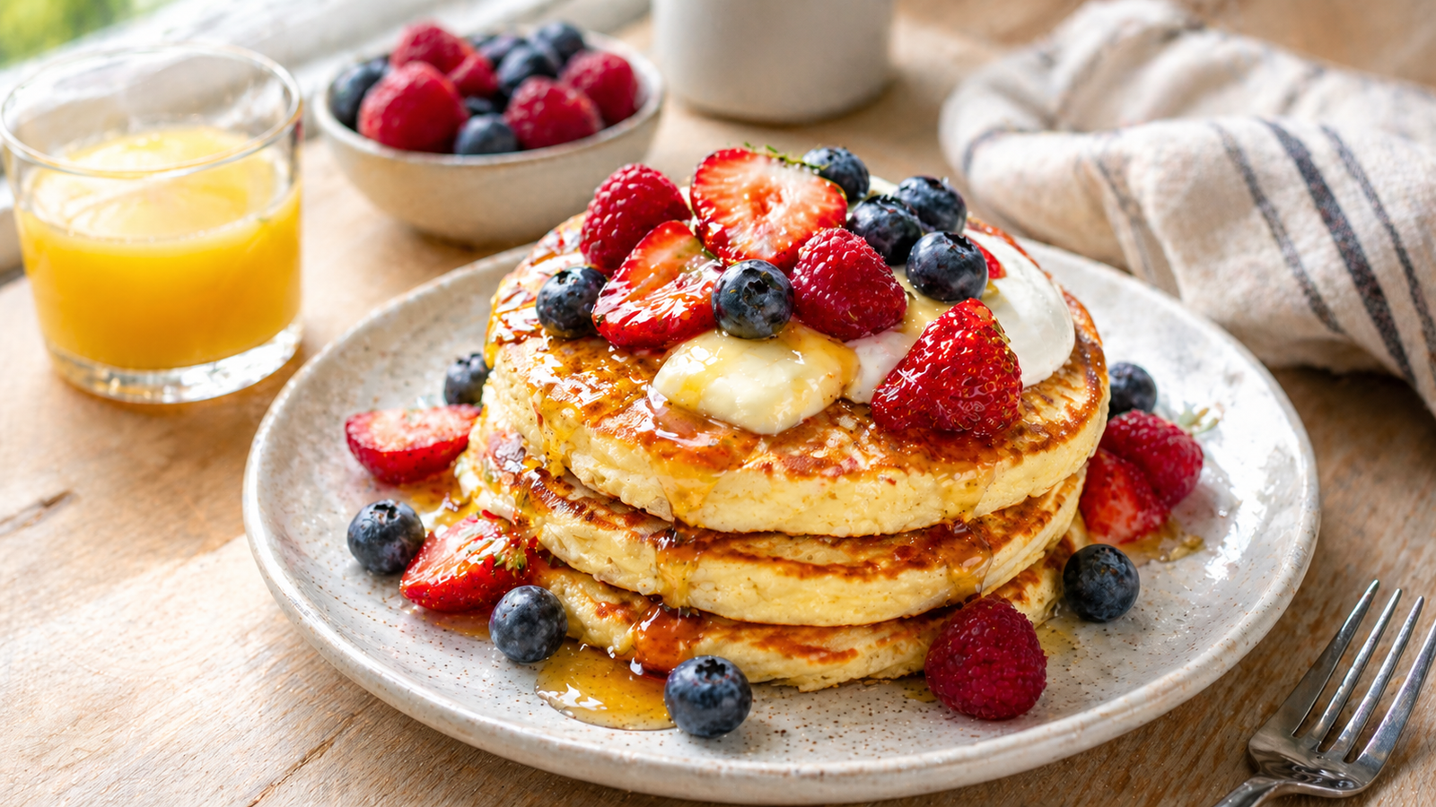 Fluffy cottage cheese protein pancakes topped with fresh berries and honey — 280 calories high protein