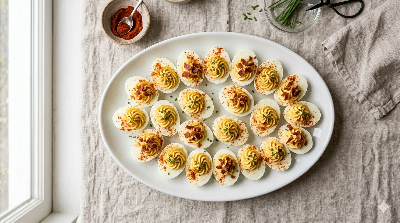 Classic deviled eggs topped with smoked paprika and fresh chives on a white platter — 180 calories