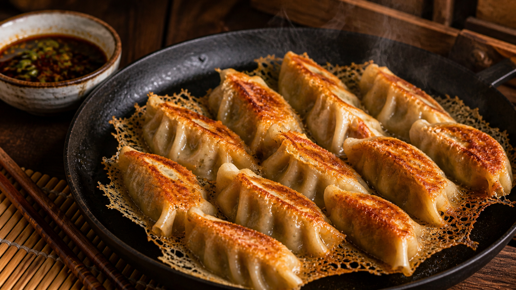 Golden pan-fried pork and cabbage potstickers with crispy bottoms and dipping sauce — 380 calories
