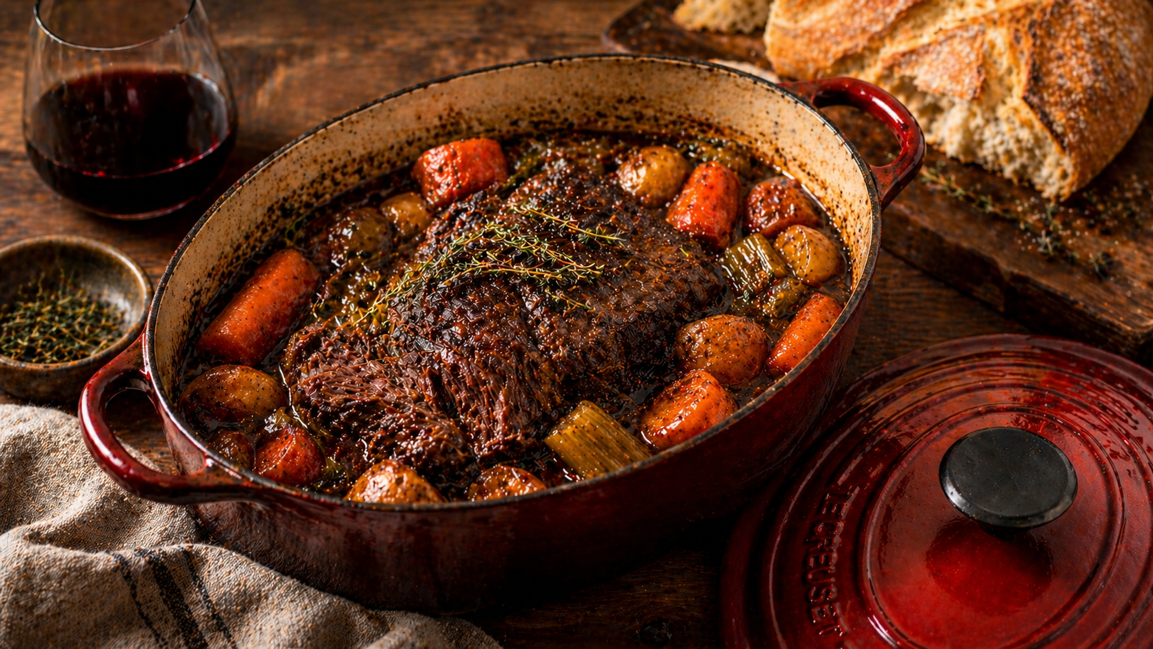 Braised Dutch oven pot roast with carrots, potatoes, and rich red wine gravy — comfort food