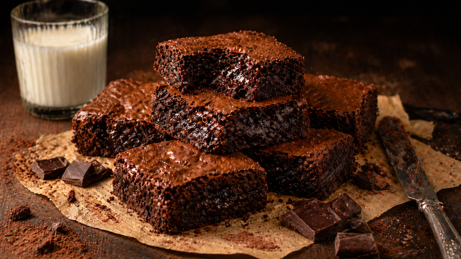 Fudgy chocolate brownies with a crackly top on parchment paper — easy 30-minute dessert