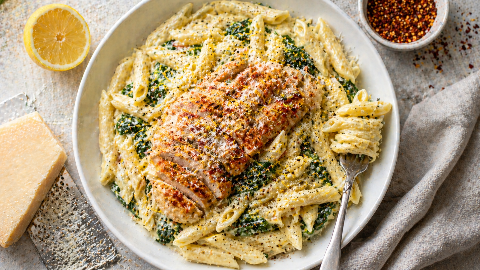 Creamy lemon chicken pasta with spinach and parmesan in a skillet — easy 25-minute dinner