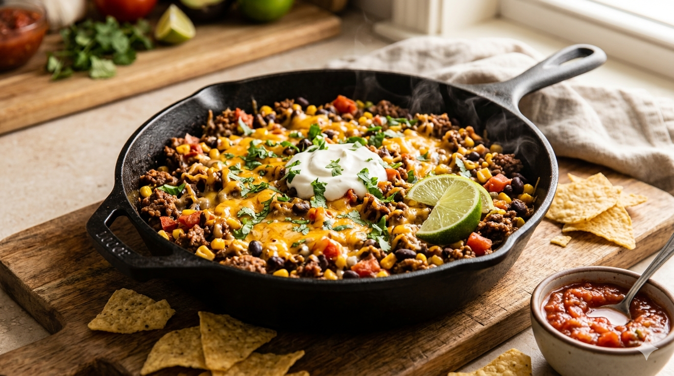 Cheesy ground beef taco skillet with melted cheddar, black beans and corn — under 500 calories