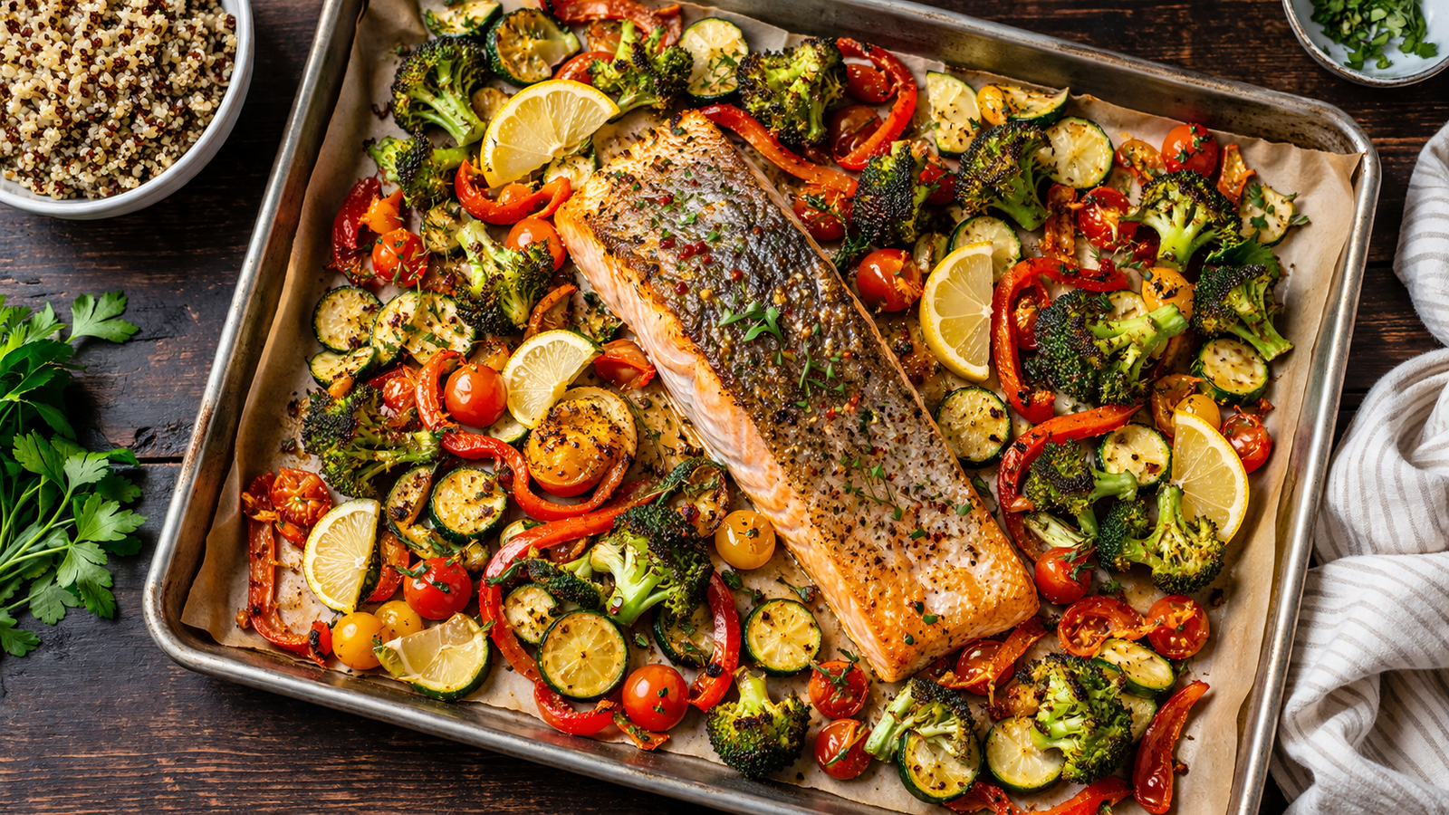 Sheet pan salmon with roasted vegetables, lemon and herbs — 440 calorie healthy dinner