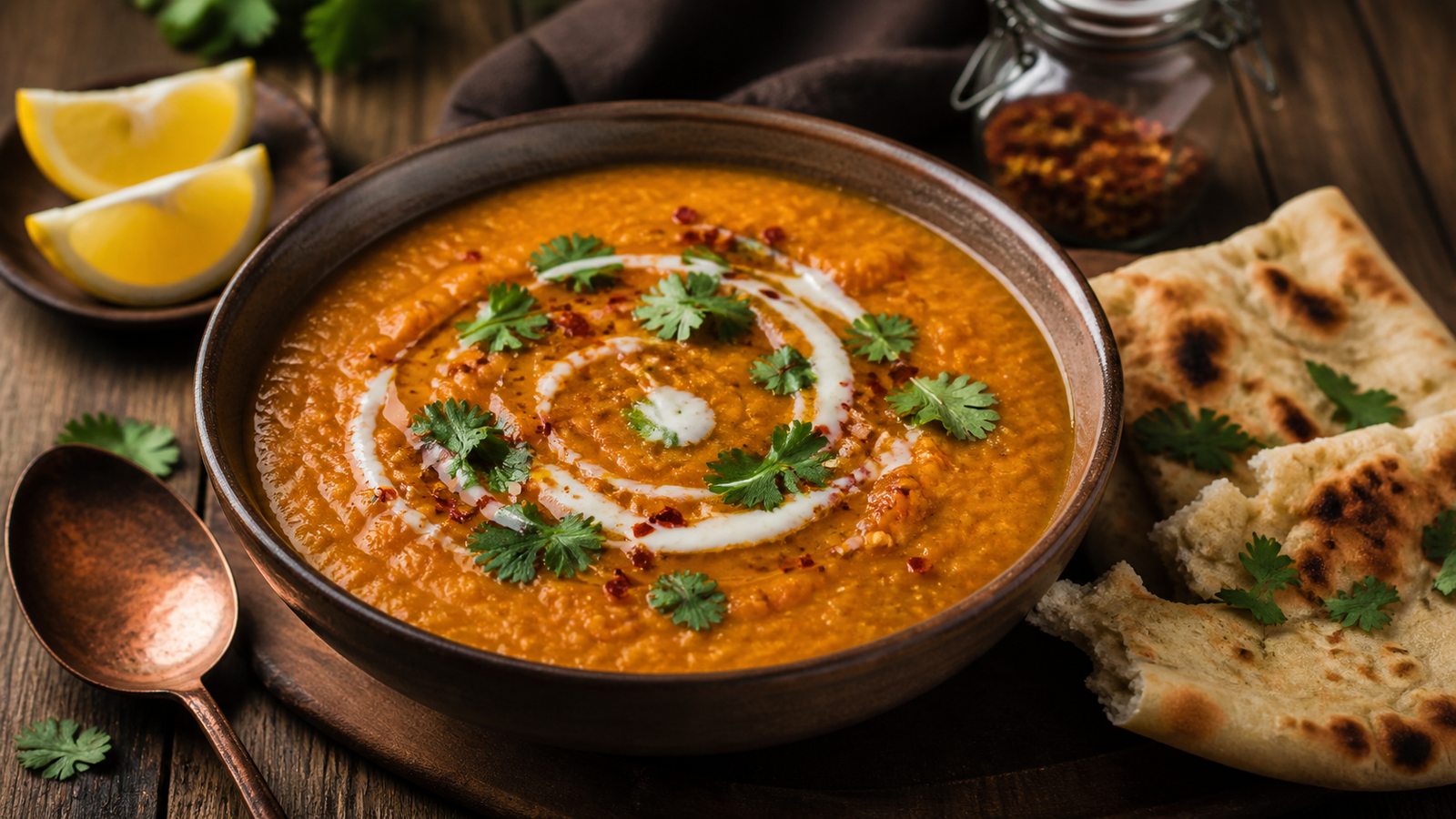 Creamy red lentil soup with coconut milk, turmeric and fresh cilantro — 340 calories high protein