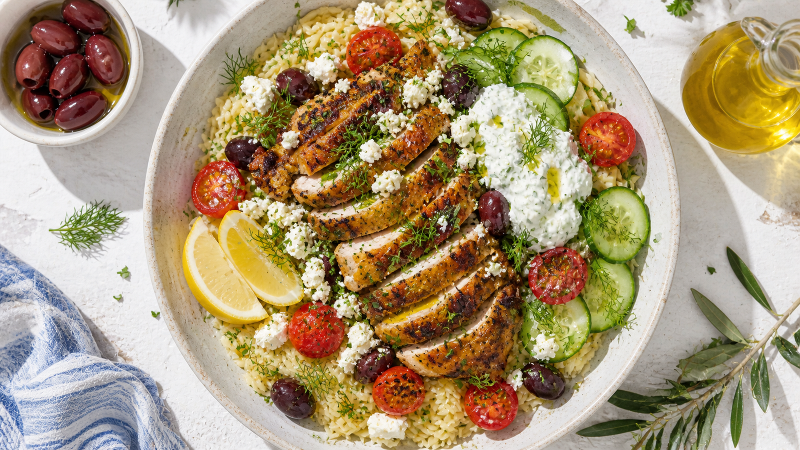 Golden pan-seared chicken breast with lemon, herbs and Mediterranean vegetables — 410 calories high protein