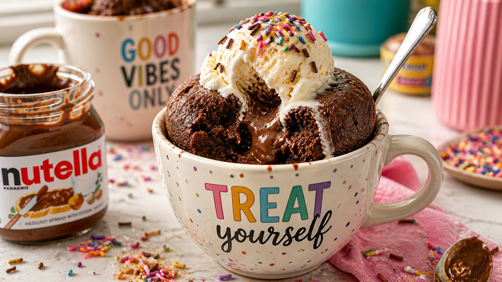 Chocolate mug cake with melted centre and vanilla ice cream — ready in 5 minutes
